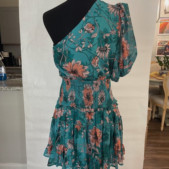 Teal Floral One Shoulder Dress - Picture 2 of 5